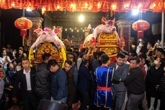 Năm Quý Mão 2023, 17 ông lợn có trọng lượng hàng trăm kg được các thôn, xóm trong làng rước ra đình làng La Phù phục vụ lễ hội. (Ảnh: Tuấn Đức/TTXVN) 