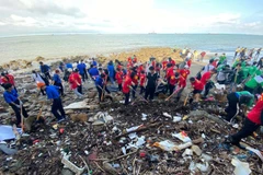 Lực lượng tình nguyện thu gom rác tại bãi biển Vũng Tàu. (Ảnh: TTXVN phát) 