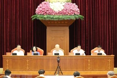 Tổng Bí thư Nguyễn Phú Trọng và các đồng chí Thường trực Ban Chỉ đạo Trung ương về phòng, chống tham nhũng, tiêu cực chủ trì hội nghị. (Ảnh: Trí Dũng/TTXVN) 