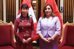Đại sứ Phạm Thị Kim Hoa và Tổng thống nước Cộng hoà Peru Dina Boluarte. (Ảnh: TTXVN phát)