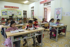 Học sinh lớp 1B là con em dân tộc Ơ Đu trong giờ Tập đọc tại Trường Tiểu học Nga My, khối bản Văng Môn (Nghệ An). (Ảnh: Xuân Tiến/TTXVN)