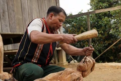 Đối với đồng bào dân tộc Mơ Nâm (nhánh thuộc dân tộc Xê Đăng) đang sinh sống tập trung tại làng Kon Du (xã Măng Cành, huyện Kon Plông, tỉnh Kon Tum), nghệ nhân ưu tú A Gông được xem như người giữ hồn cho tượng gỗ truyền thống. (Ảnh: Khoa Chương/TTXVN) 