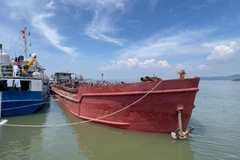 Dẫn giải tàu SG 7190 về cảng Hải đội 301 tại thành Phố Vũng Tàu để tiếp tục điều tra, xử lý theo quy định của pháp luật. Ảnh: TTXVN phát 