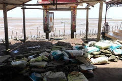 Miếu Bà thuộc khu vực Cồn Cống, xã Phú Tân (Tân Phú Đông, Tiền Giang) bị đổ nát do sạt lở. (Ảnh: Minh Trí/TTXVN) 