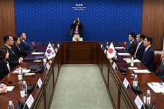 Một cuộc hội đàm giữa các quan chức ngoại giao, quốc phòng của Hàn Quốc và Nhật Bản ở Seoul, ngày 17/4/2023. (Ảnh: Yonhap/TTXVN) 