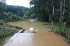 Đường bêtông cứng hóa liên bản tại xã Châu Hội (huyện Quỳ Châu) bị lũ ống, lũ quét tàn phá hư hỏng. (Ảnh: Xuân Tiến/TTXVN)