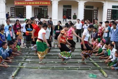 Bà con dân bản Chà Lấu, xã Nậm Giải (huyện Quế Phong, tỉnh Nghệ An) vui nhảy sạp tại Ngày hội Đại đoàn kết toàn dân tộc . (Ảnh: Thanh Tùng/TTXVN)