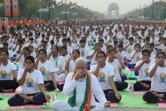 Thủ tướng Ấn Độ Narendra Modi (giữa) tham gia trình diễn Yoga tại New Delhi trong Ngày Quốc tế Yoga. (Nguồn: AFP/TTXVN)
