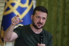 Tổng thống Ukraine Volodymyr Zelensky phát biểu trong cuộc họp báo ở Kiev ngày 15/7. (Ảnh: Getty Images/TTXVN)