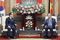 Chủ tịch nước Tô Lâm tiếp Thủ tướng Hàn Quốc Han Duck Soo. (Ảnh: Nhan Sáng/TTXVN)