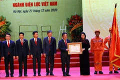 Phó Chủ tịch nước, Phó Chủ tịch Hội đồng thứ nhất Hội đồng Thi đua Khen thưởng Trung ương Đặng Thị Ngọc Thịnh trao danh hiệu Anh hùng Lao động thời kỳ đổi mới cho lãnh đạo EVN. (Ảnh: Huy Hùng/TTXVN)