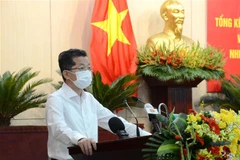 Bí thư Thành ủy Đà Nẵng, Trưởng ban Chỉ đạo công tác bầu cử thành phố Đà Nẵng Nguyễn Văn Quảng phát biểu tại Hội nghị. (Ảnh: Quốc Dũng/TTXVN)