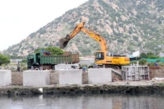 Công ty Cổ phần xây lắp Thành An 96 tập trung nạo vét thi công bờ kè Dự án xây dựng khu neo đậu tránh trú bão kết hợp Cảng cá Cà Ná. (Ảnh: Công Thử/TTXVN)
