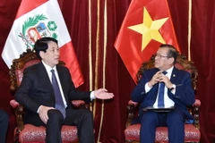 Chủ tịch nước Lương Cường hội kiến Chủ tịch Quốc hội Peru Eduardo Salhuana. (Ảnh: Lâm Khánh/TTXVN)