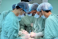 Bệnh viện Đa khoa tỉnh Phú Thọ tiến hành ca phẫu thuật lấy tạng của người hiến sau khi chết não và chuyển vào Bệnh viện Trung ương Huế để ghép cho 2 người bệnh suy thận. (Ảnh: TTXVN phát)