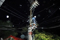 Công nhân điện lực khẩn trương khắc phục sự cố ngay trong đêm nhằm đảm bảo sinh hoạt cho nhân dân. (Ảnh: Thái Thuần/TTXVN)