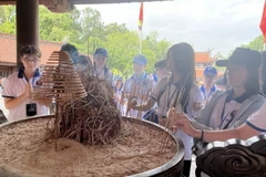 Đoàn thanh niên kiều bào dâng hương tưởng niệm các Vua Hùng tại Khu Di tích lịch sử Quốc gia đặc biệt Đền Hùng, thành phố Việt Trì, tỉnh Phú Thọ. (Ảnh: TTXVN phát)