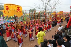 Lễ rước kiệu từ đền Cổ Ngựa đến đền Chúa Then trong Lễ hội mở cửa rừng tại Bắc Giang. (Ảnh: Danh Lam/TTXVN)