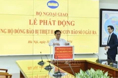 Phó Thủ tướng, Bộ Ngoại giao Bùi Thanh Sơn ủng hộ đồng bào bị thiệt hại do cơn bão số 3 gây ra. (Ảnh: TTXVN phát)