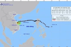 Hướng di chuyển của áp thấp nhiệt đới, cập nhật lúc 16 giờ, ngày 27/10. (Ảnh: TTXVN phát)