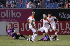 SHB Đà Nẵng giành chiến thắng với tỷ số 1-0 trước Sài Gòn FC chiều 3/11/2022 trên sân vận động Hòa Xuân (Đà Nẵng), chính thức trụ hạng thành công tại V-League 1. (Ảnh: Trần Lê Lâm/TTXVN)