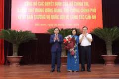 Bí thư Tỉnh ủy Bắc Ninh Nguyễn Anh Tuấn (ngoài cùng bên trái) và đại diện Ban Tổ chức Trung ương trao Quyết định phê chuẩn kết quả bầu bà Nguyễn Hương Giang, Phó Bí thư Thường trực tỉnh ủy Bắc Ninh giữ chức Chủ tịch HĐND tỉnh. (Ảnh: Thanh Thương/TTXVN)