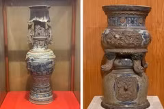Bảo vật Quốc gia Bộ chân đèn và lư hương gốm men thời Mạc trưng bày tại Bảo tàng tỉnh Nam Định. (Ảnh: Bích Hằng/Vietnam+)