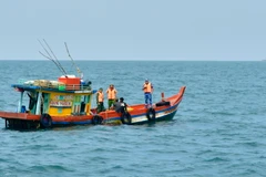 Lực lượng chức năng thực hiện nhiệm vụ tuần tra, kiểm tra hoạt động của tàu cá trên vùng biển Cà Mau. (Ảnh: TTXVN phát)