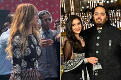 Nữ ca sỹ Rihanna và rapper ASAP Rocky (trái) trên đường đến Gujrat, Ấn Độ, để dự đám cưới cặp đôi Anant Ambani-Radhika Merchant. (Ảnh: Getty)