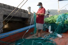 Ngư dân Trần Ngọc Sen, chủ tàu cá QNg 98366 TS cho biết, bình quân chi phí đổ dầu diesel đi biển đã tăng từ 80 triệu/chuyến lên hơn 100 triệu/chuyến trong mấy tháng qua. (Ảnh: Quốc Dũng/TTXVN)