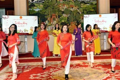 Tiết mục văn nghệ mừng Đảng, mừng Xuân do các cán bộ công tác tại Bắc Kinh trình diễn. (Ảnh: Vĩnh Hà/TTXVN)