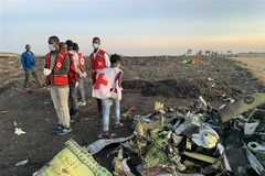 Xác máy bay của Hãng hàng không Ethiopia Airlines tại hiện trường gần Bishoftu, Ethiopia. (Ảnh: AFP/TTXVN)