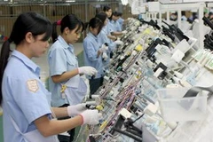 Lắp rắp hệ thống dây dẫn điện cho xe ôtô tại công ty TNHH Hệ thống dây Sumi-Hanel . (Ảnh: Huy Hùng/TTXVN)