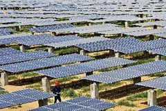 Nhân viên kiểm tra tại trạm năng lượng pin mặt trời ở Yanchi County thuộc Wuzhong City, khu tự trị Hồi Ninh Hạ (Trung Quốc) ngày 4/8/2011. (Nguồn: THX/TTXVN)