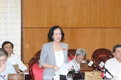 Chủ nhiệm Ủy ban các vấn đề xã hội của Quốc hội Trương Thị Mai phát biểu ý kiến tại phiên họp. (Ảnh: Phương Hoa/TTXVN)