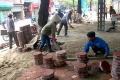 Công nhân lát mới vỉa hè đường Nguyễn Thái Học. (Ảnh: Trọng Đạt/TTXVN)