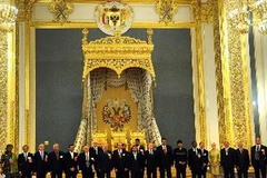 Tổng thống Nga Vladimir Putin, Tổng thống Venezuela Nicolas Maduro, Tổng thống Bolivia Evo Morales và Tổng thống Iran Mahmoud Ahmadinejad chụp ảnh chung tại diễn đàn. (Nguồn: AFP/TTXVN)