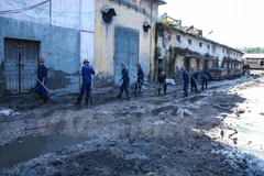 Hàng chục công nhân thay phiên nhau đào xới, dọn dẹp những nơi lũ bùn càn quét. (Ảnh: Minh Sơn/Vietnam+)