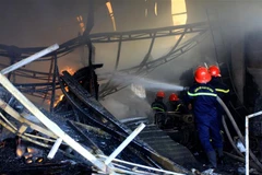 Lực lượng Cảnh sát Phòng cháy chữa cháy và cứu hộ cứu nạn, Công an tỉnh Thái Bình đã có mặt kịp thời để khống chế đám cháy. (Ảnh: Thế Duyệt/TTXVN)