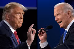 Tổng thống Mỹ Donald Trump (trái) và ứng viên Tổng thống của đảng Dân chủ Joe Biden tại vòng tranh luận trực tiếp cuối cùng ở thành phố Nashville, bang Tennesse. (Ảnh: AFP/TTXVN)