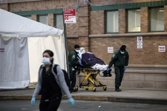 Chuyển bệnh nhân nhiễm COVID-19 tới trung tâm y tế Maimonides ở Brooklyn, New York, Mỹ. (Ảnh: THX/TTXVN)
