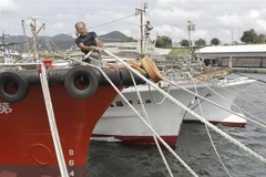 Người dân neo đậu tàu thuyền trước bão Haishen tại Makurazaki, tỉnh Kagoshima, Nhật Bản, ngày 5/9/2020. (Ảnh: AFP/TTXVN)