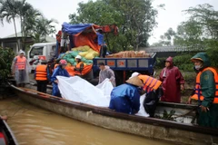 Lực lượng cứu hộ chuyển quà cứu trợ nhân dân vùng lũ lụt huyện Hải Lăng. (Ảnh: Hồ Cầu/TTXVN)