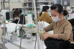 Thực tập sinh Việt Nam tại Công ty Trách nhiệm hữu hạn Mishow (Tokyo) đeo khẩu trang trong khi làm việc. (Ảnh: Đào Thanh Tùng/TTXVN)