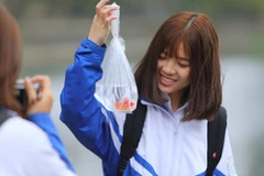 Các bạn trẻ hào hứng với phong tục thả cá chép để tiễn đưa ông Táo về trời. (Ảnh: Thành Đạt/TTXVN)