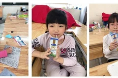 Những hộp sữa đã đến với các em học sinh tại trường Xuân Phương. Mỗi bé sẽ được bổ sung 2 hộp sữa mỗi ngày. (Nguồn: Vietnam+)