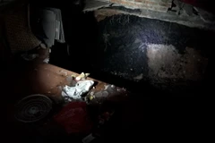 "Hố tử thần" xuất hiện trong kho chứa đồ nhà ông Trần Hữu Ba, phường Cẩm Sơn, thành phố Cẩm Phả ngày 23/6. (Ảnh: TTXVN phát)