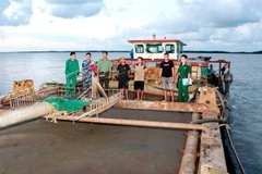 Các đối tượng và tàu khai thác cát trái phép bị tạm giữ tại cửa biển Sóc Trăng. (Ảnh: TTXVN phát)