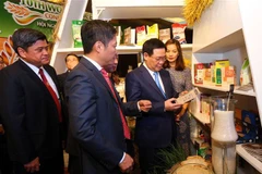 Phó Thủ tướng Vương Đình Huệ, Bộ trưởng Bộ Công thương Trần Tuấn Anh tham quan các gian hàng trưng bày sản phẩm gạo. (Ảnh: Danh Lam/TTXVN)