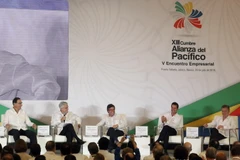 Tổng thống Peru Martin Vizcarra, Tổng thống Chile Sebastian Pinera, Chủ tịch ngân hàng Phát triển liên Mỹ Luis Alberto Moreno, Tổng thống Mexico Enrique Pena Nieto và Tổng thống Colombia Juan Manuel Santos tại hội nghị Liên minh Thái Bình Dương ở Mexico n